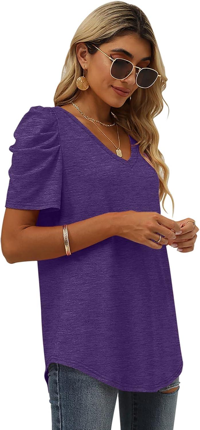 imageXIEERDUO Womens Summer Shirt V Neck Casual Tshirts Puff Sleeve Tops for Women Solid Color XS3XL11purple
