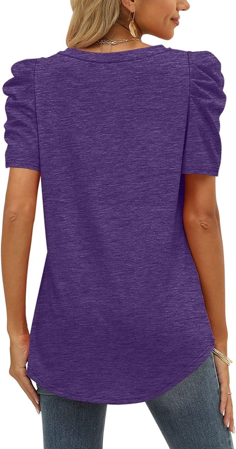 imageXIEERDUO Womens Summer Shirt V Neck Casual Tshirts Puff Sleeve Tops for Women Solid Color XS3XL11purple