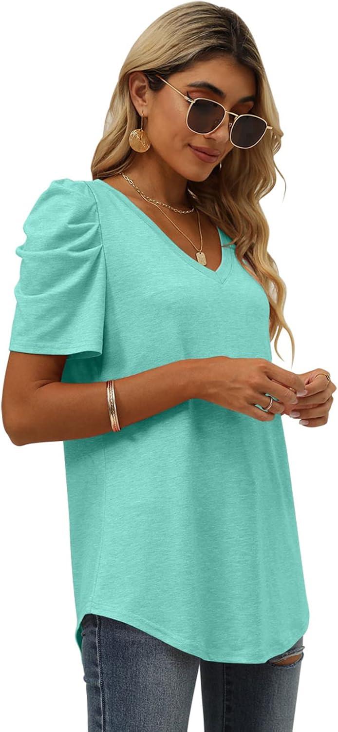 imageXIEERDUO Womens Summer Shirt V Neck Casual Tshirts Puff Sleeve Tops for Women Solid Color XS3XL12lake Green