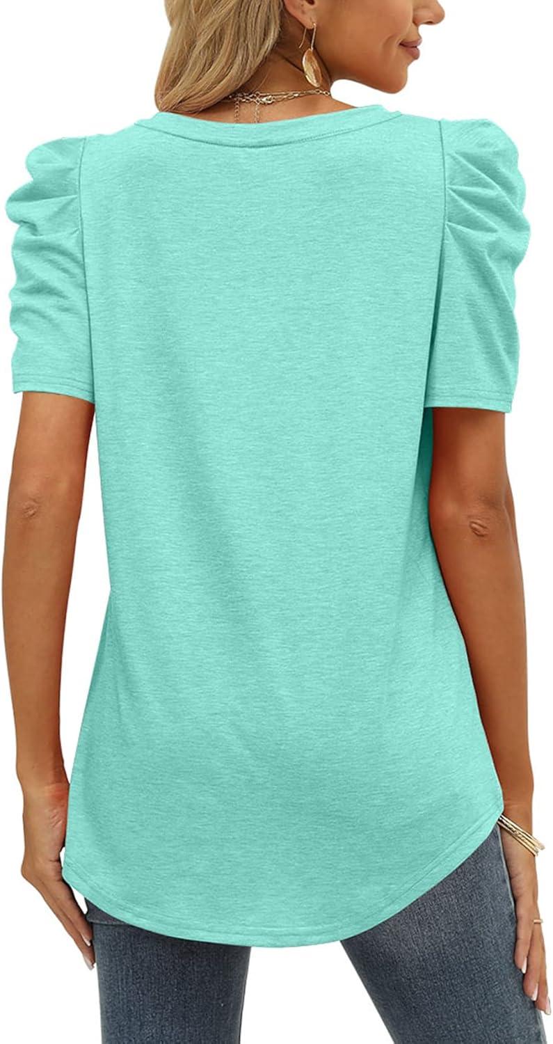 imageXIEERDUO Womens Summer Shirt V Neck Casual Tshirts Puff Sleeve Tops for Women Solid Color XS3XL12lake Green