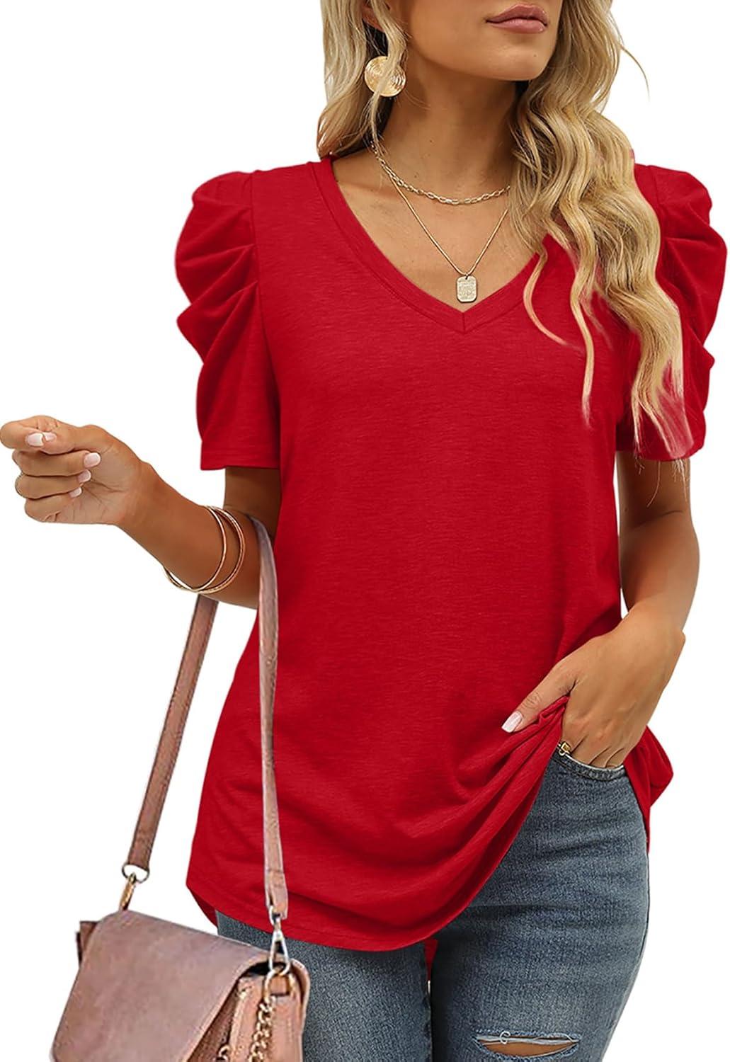 imageXIEERDUO Womens Summer Shirt V Neck Casual Tshirts Puff Sleeve Tops for Women Solid Color XS3XL12red