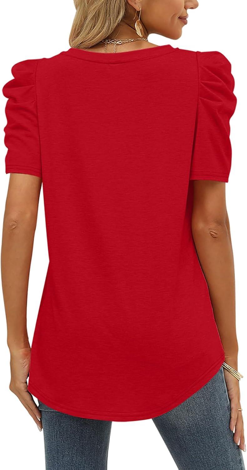 imageXIEERDUO Womens Summer Shirt V Neck Casual Tshirts Puff Sleeve Tops for Women Solid Color XS3XL12red