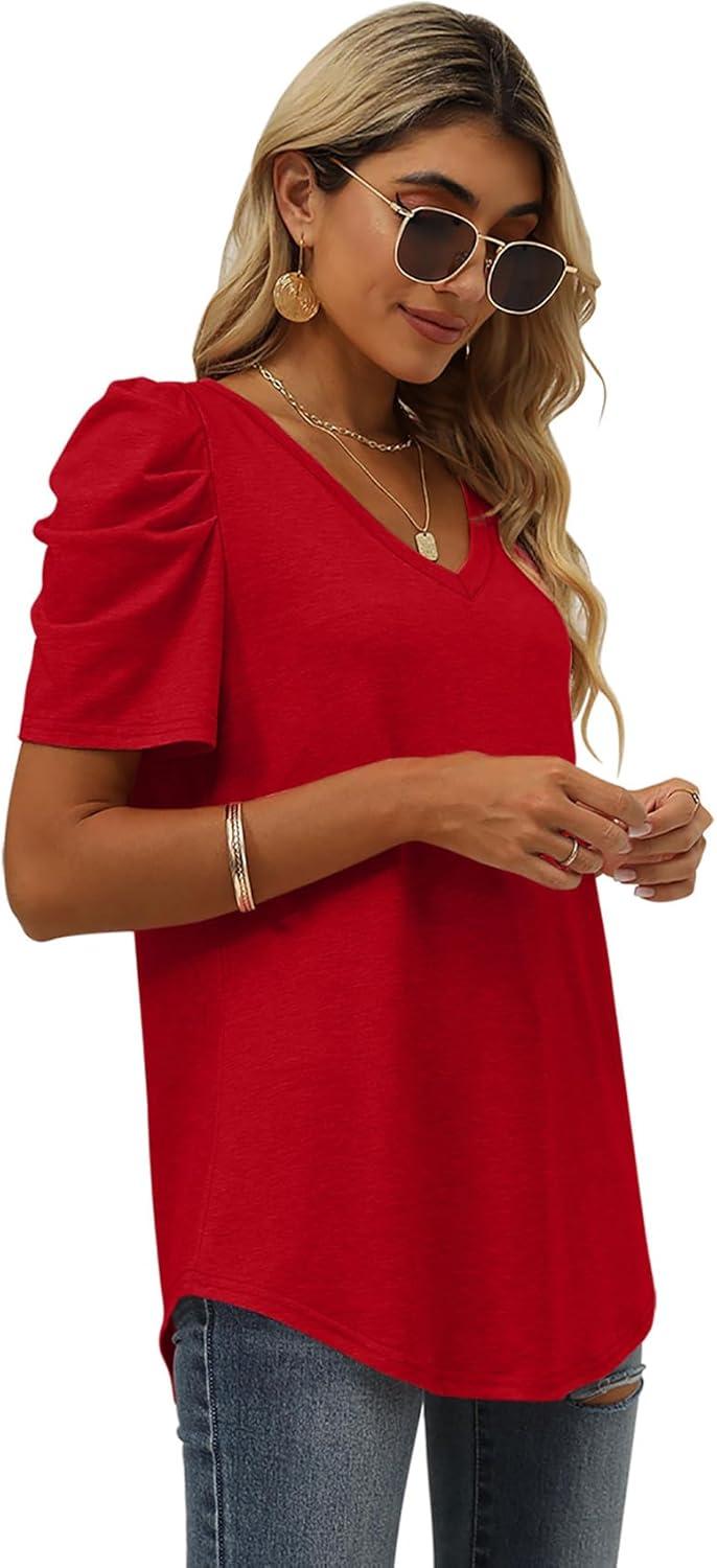 imageXIEERDUO Womens Summer Shirt V Neck Casual Tshirts Puff Sleeve Tops for Women Solid Color XS3XL12red