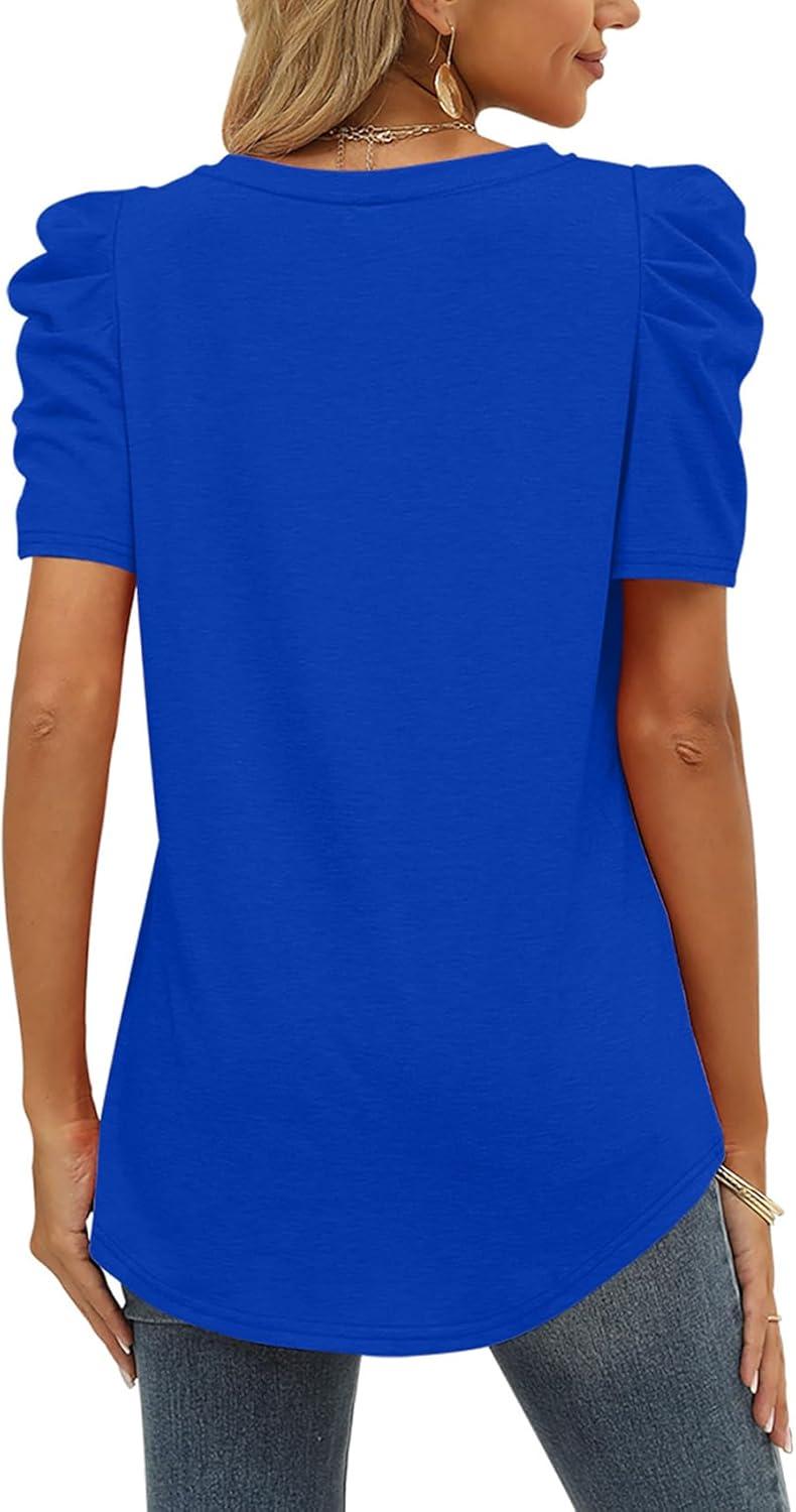 imageXIEERDUO Womens Summer Shirt V Neck Casual Tshirts Puff Sleeve Tops for Women Solid Color XS3XL12royal Blue