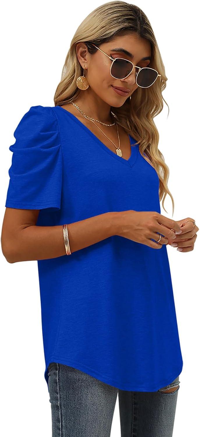imageXIEERDUO Womens Summer Shirt V Neck Casual Tshirts Puff Sleeve Tops for Women Solid Color XS3XL12royal Blue