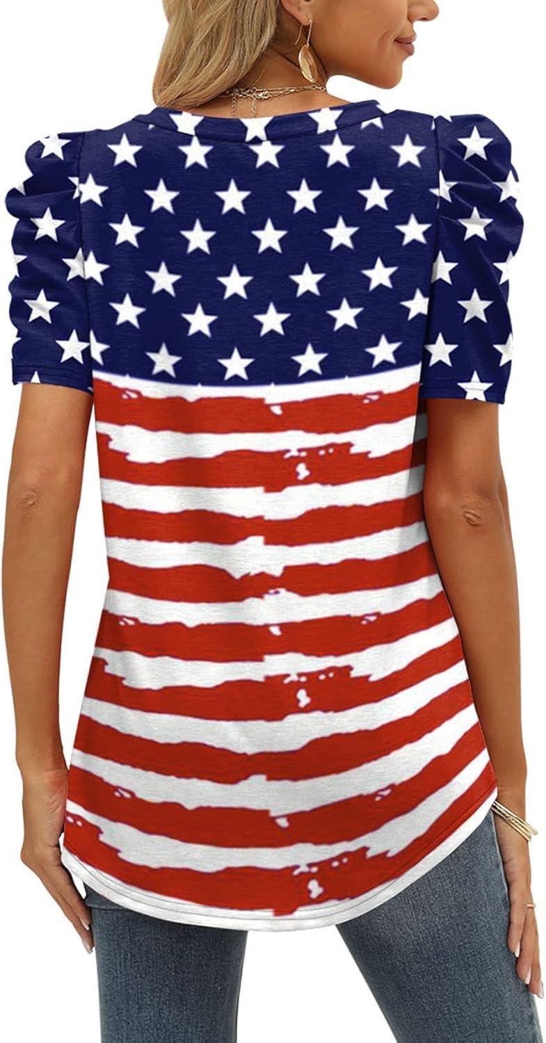 imageXIEERDUO Womens Summer Shirt V Neck Casual Tshirts Puff Sleeve Tops for Women Solid Color XS3XL14aflag B