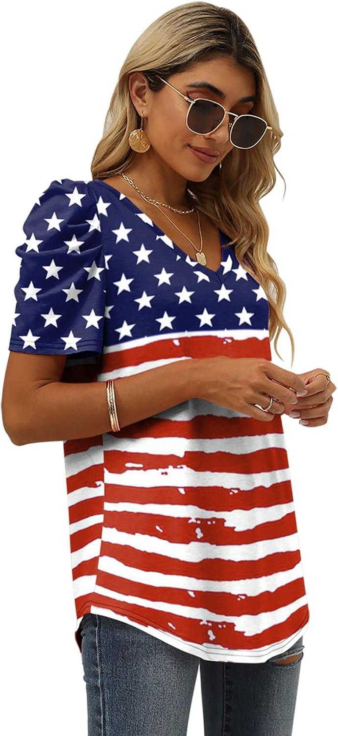 imageXIEERDUO Womens Summer Shirt V Neck Casual Tshirts Puff Sleeve Tops for Women Solid Color XS3XL14aflag B