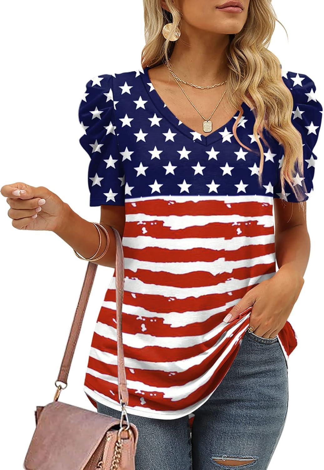imageXIEERDUO Womens Summer Shirt V Neck Casual Tshirts Puff Sleeve Tops for Women Solid Color XS3XL14aflag B