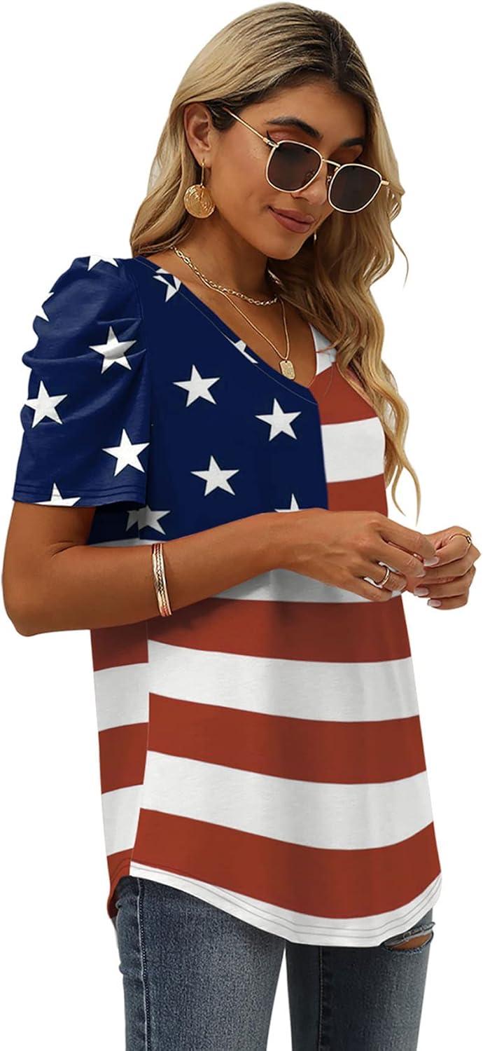 imageXIEERDUO Womens Summer Shirt V Neck Casual Tshirts Puff Sleeve Tops for Women Solid Color XS3XL14aflag a