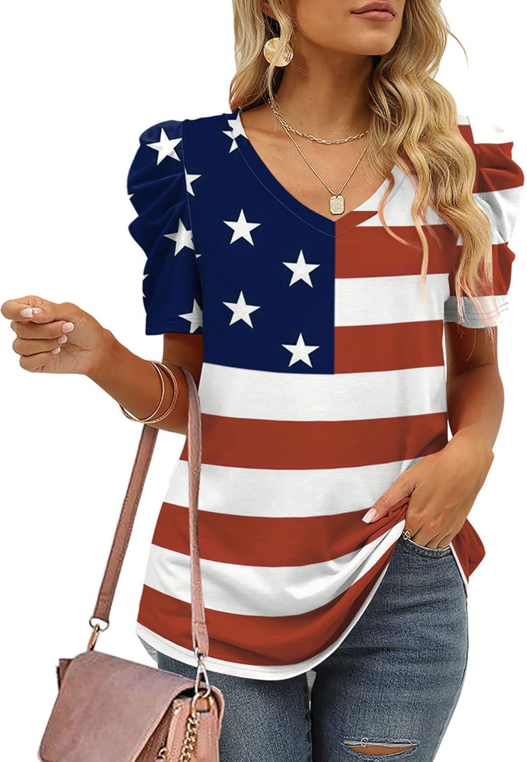 imageXIEERDUO Womens Summer Shirt V Neck Casual Tshirts Puff Sleeve Tops for Women Solid Color XS3XL14aflag a