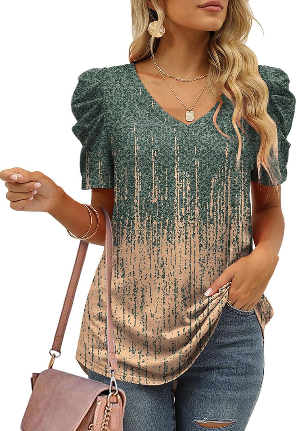 imageXIEERDUO Womens Summer Shirt V Neck Casual Tshirts Puff Sleeve Tops for Women Solid Color XS3XL15grey Coral