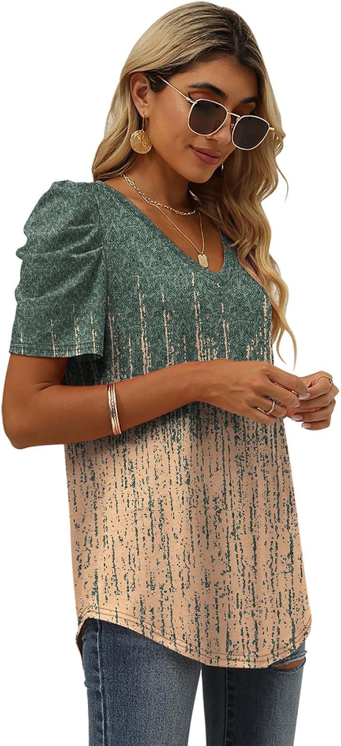 imageXIEERDUO Womens Summer Shirt V Neck Casual Tshirts Puff Sleeve Tops for Women Solid Color XS3XL15grey Coral