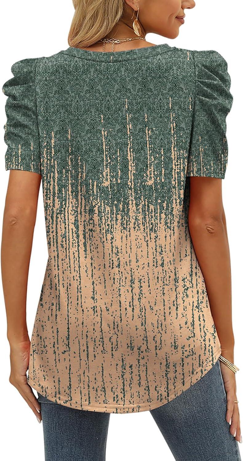imageXIEERDUO Womens Summer Shirt V Neck Casual Tshirts Puff Sleeve Tops for Women Solid Color XS3XL15grey Coral