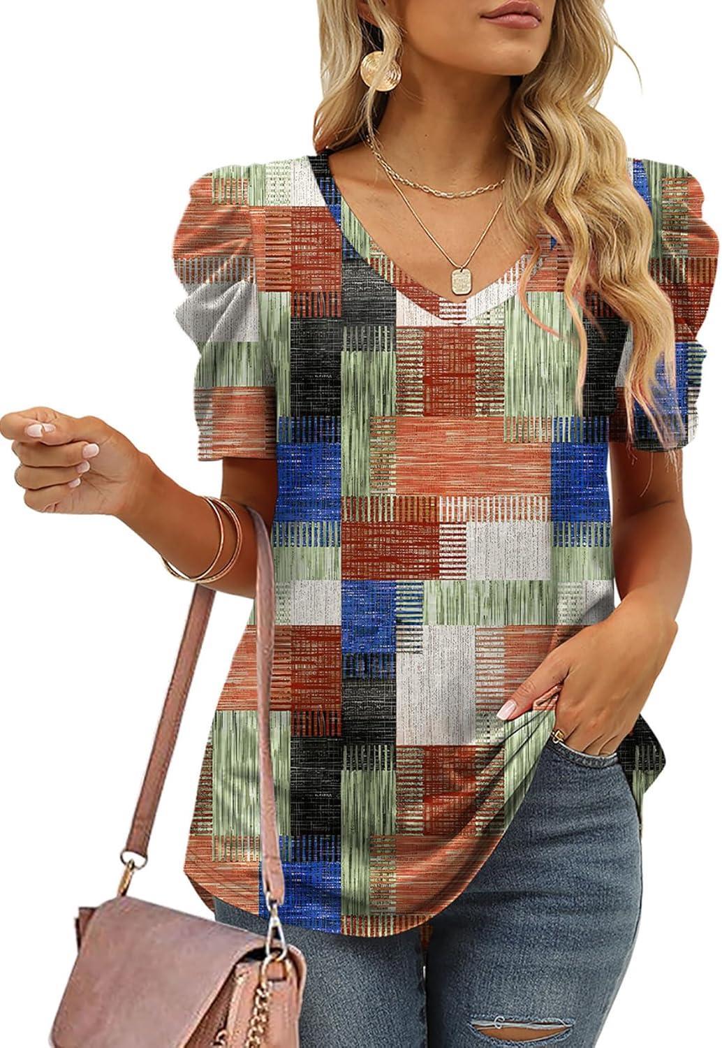 imageXIEERDUO Womens Summer Shirt V Neck Casual Tshirts Puff Sleeve Tops for Women Solid Color XS3XL15plaid