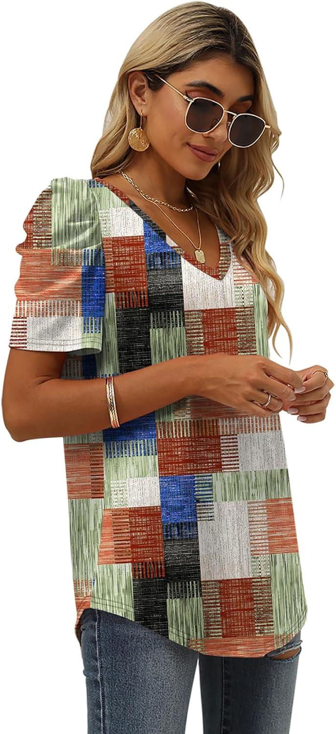 imageXIEERDUO Womens Summer Shirt V Neck Casual Tshirts Puff Sleeve Tops for Women Solid Color XS3XL15plaid