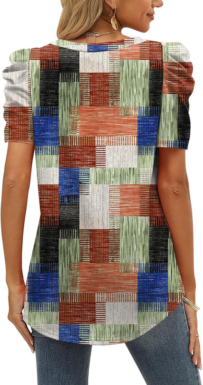 imageXIEERDUO Womens Summer Shirt V Neck Casual Tshirts Puff Sleeve Tops for Women Solid Color XS3XL15plaid