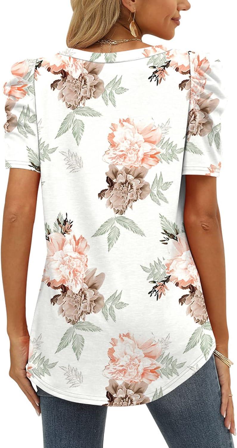 imageXIEERDUO Womens Summer Shirt V Neck Casual Tshirts Puff Sleeve Tops for Women Solid Color XS3XL15white Floral