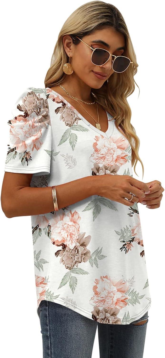 imageXIEERDUO Womens Summer Shirt V Neck Casual Tshirts Puff Sleeve Tops for Women Solid Color XS3XL15white Floral