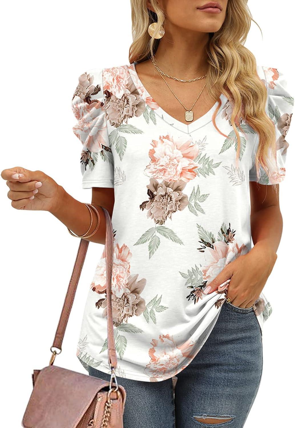 imageXIEERDUO Womens Summer Shirt V Neck Casual Tshirts Puff Sleeve Tops for Women Solid Color XS3XL15white Floral