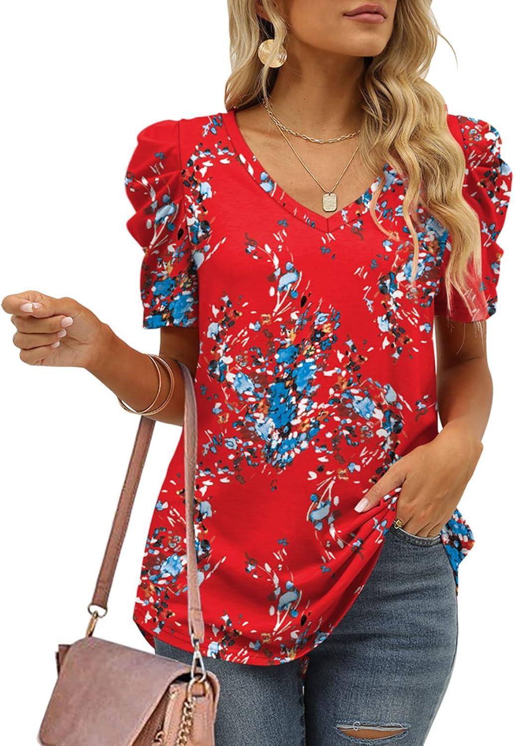 imageXIEERDUO Womens Summer Shirt V Neck Casual Tshirts Puff Sleeve Tops for Women Solid Color XS3XL16red Floral