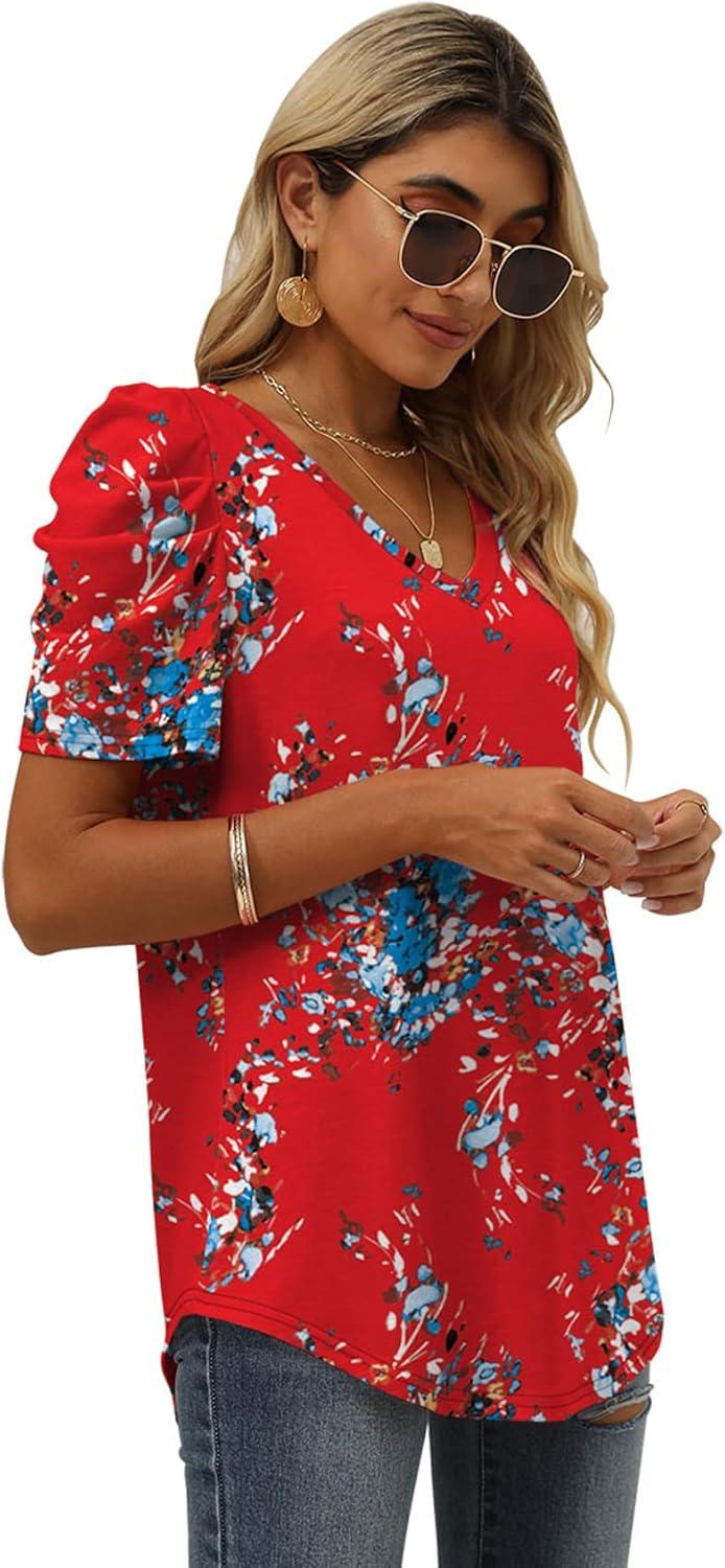 imageXIEERDUO Womens Summer Shirt V Neck Casual Tshirts Puff Sleeve Tops for Women Solid Color XS3XL16red Floral