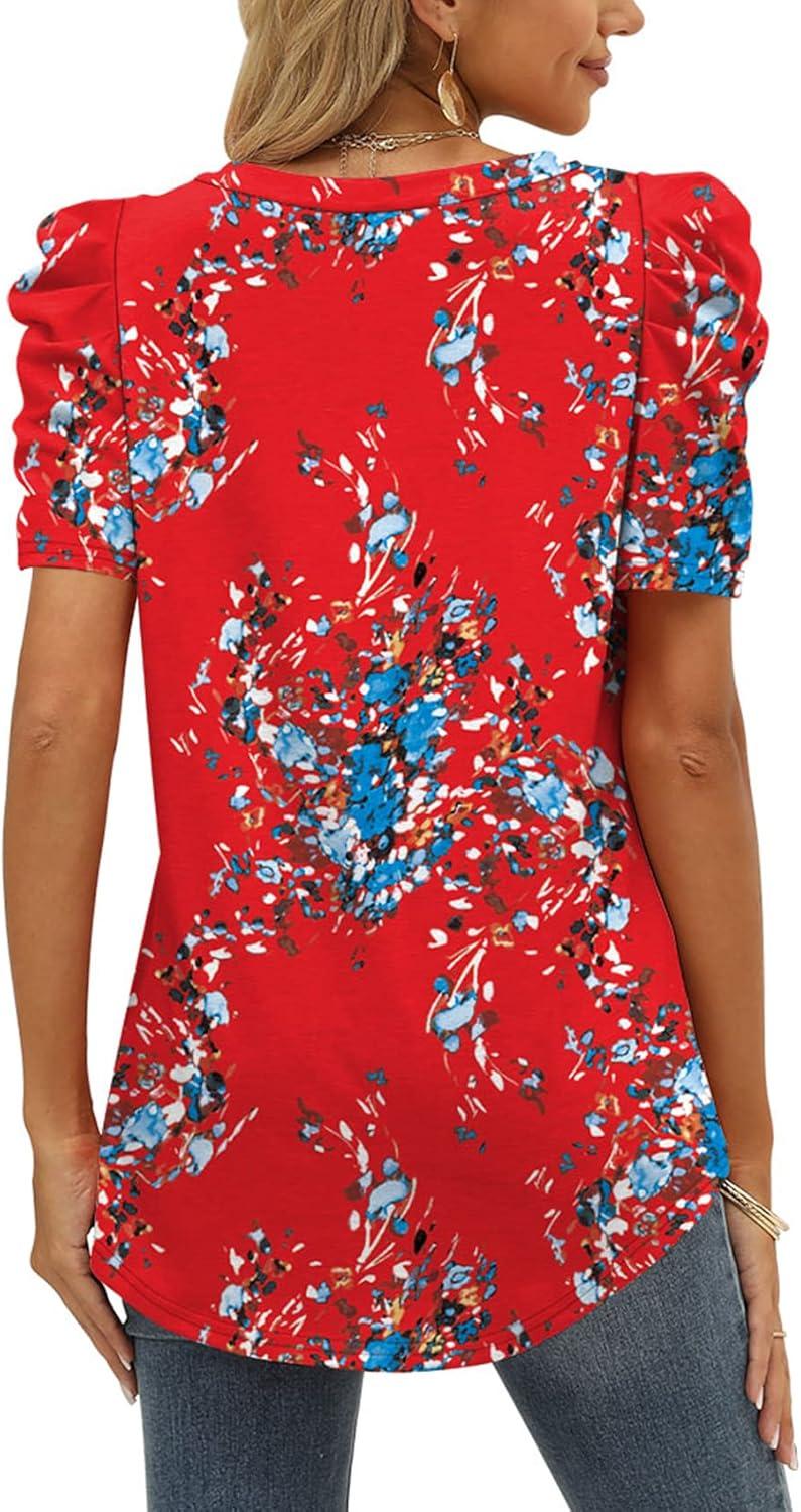 imageXIEERDUO Womens Summer Shirt V Neck Casual Tshirts Puff Sleeve Tops for Women Solid Color XS3XL16red Floral