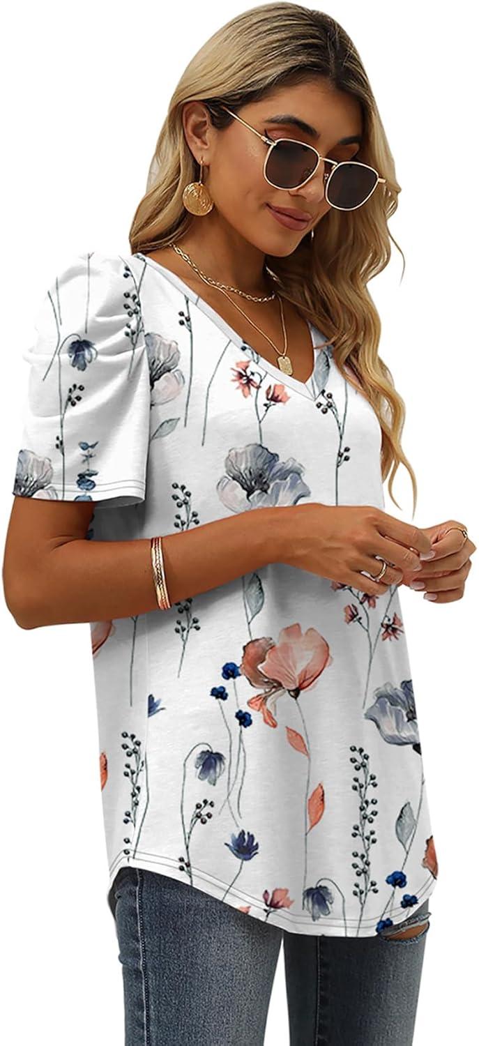 imageXIEERDUO Womens Summer Shirt V Neck Casual Tshirts Puff Sleeve Tops for Women Solid Color XS3XL16white Painting