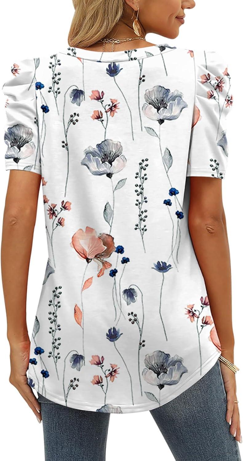 imageXIEERDUO Womens Summer Shirt V Neck Casual Tshirts Puff Sleeve Tops for Women Solid Color XS3XL16white Painting