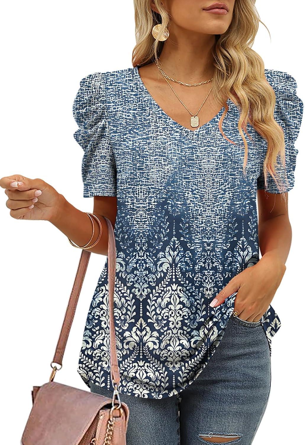 imageXIEERDUO Womens Summer Shirt V Neck Casual Tshirts Puff Sleeve Tops for Women Solid Color XS3XL17floral Beige Blue