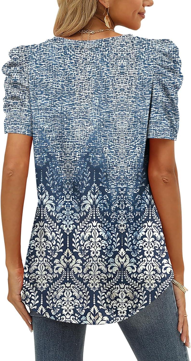 imageXIEERDUO Womens Summer Shirt V Neck Casual Tshirts Puff Sleeve Tops for Women Solid Color XS3XL17floral Beige Blue