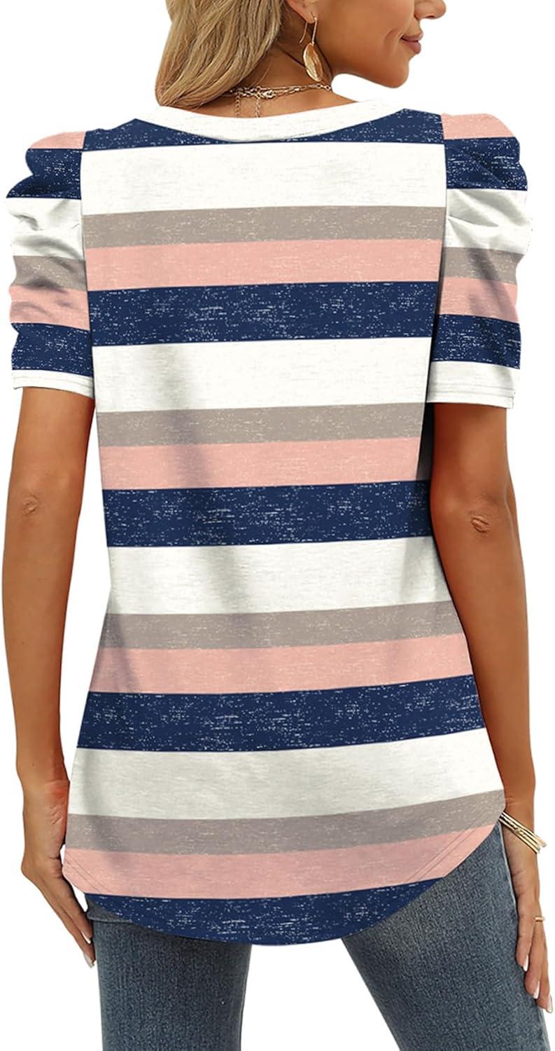 imageXIEERDUO Womens Summer Shirt V Neck Casual Tshirts Puff Sleeve Tops for Women Solid Color XS3XL17pink Navy Stripe