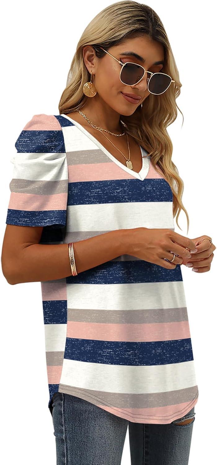 imageXIEERDUO Womens Summer Shirt V Neck Casual Tshirts Puff Sleeve Tops for Women Solid Color XS3XL17pink Navy Stripe