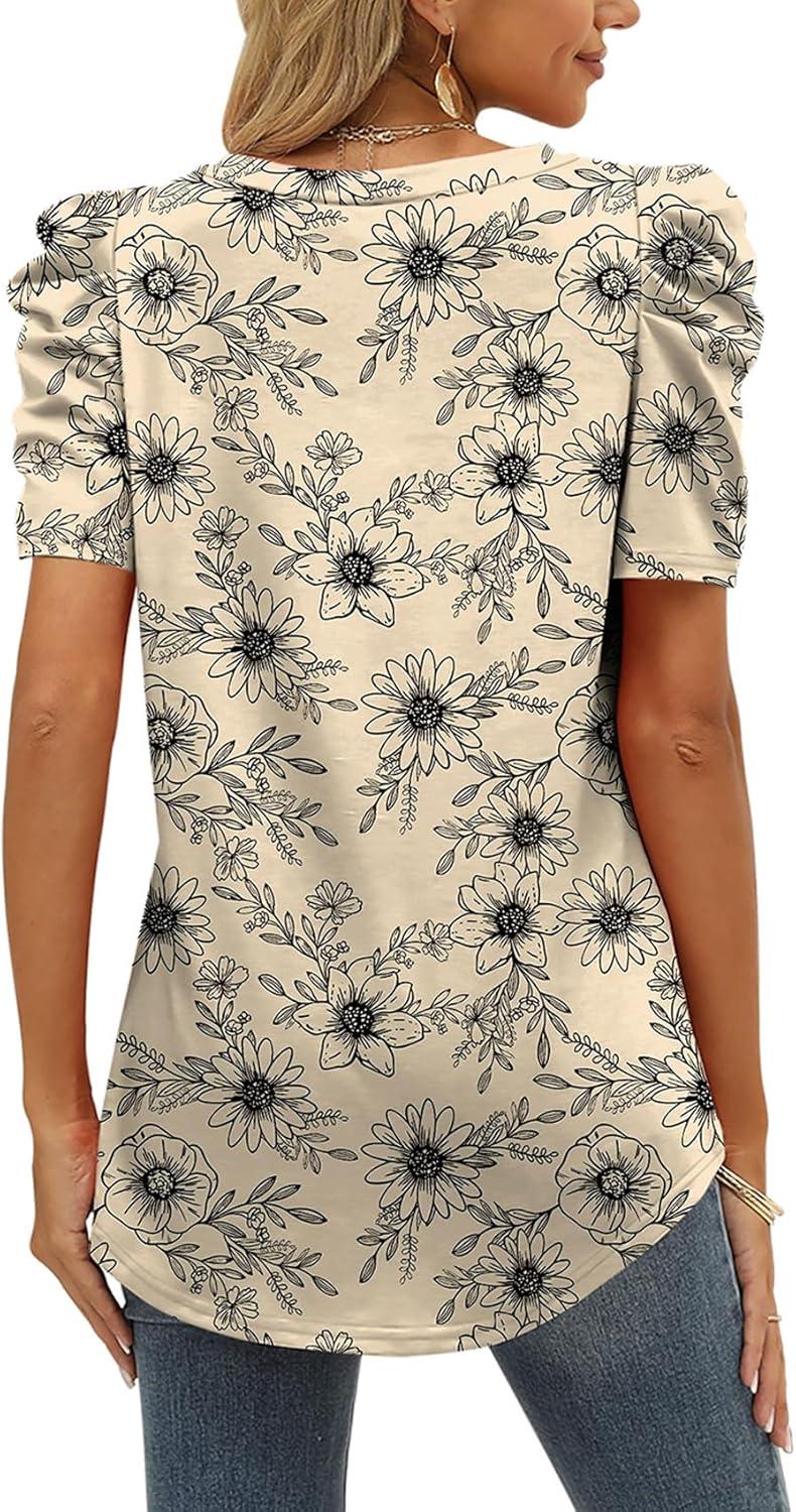 imageXIEERDUO Womens Summer Shirt V Neck Casual Tshirts Puff Sleeve Tops for Women Solid Color XS3XL18apricot Flowers