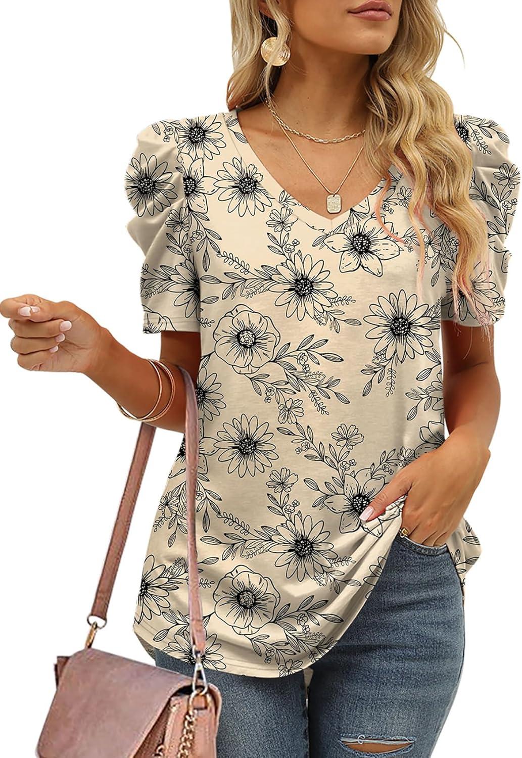 imageXIEERDUO Womens Summer Shirt V Neck Casual Tshirts Puff Sleeve Tops for Women Solid Color XS3XL18apricot Flowers
