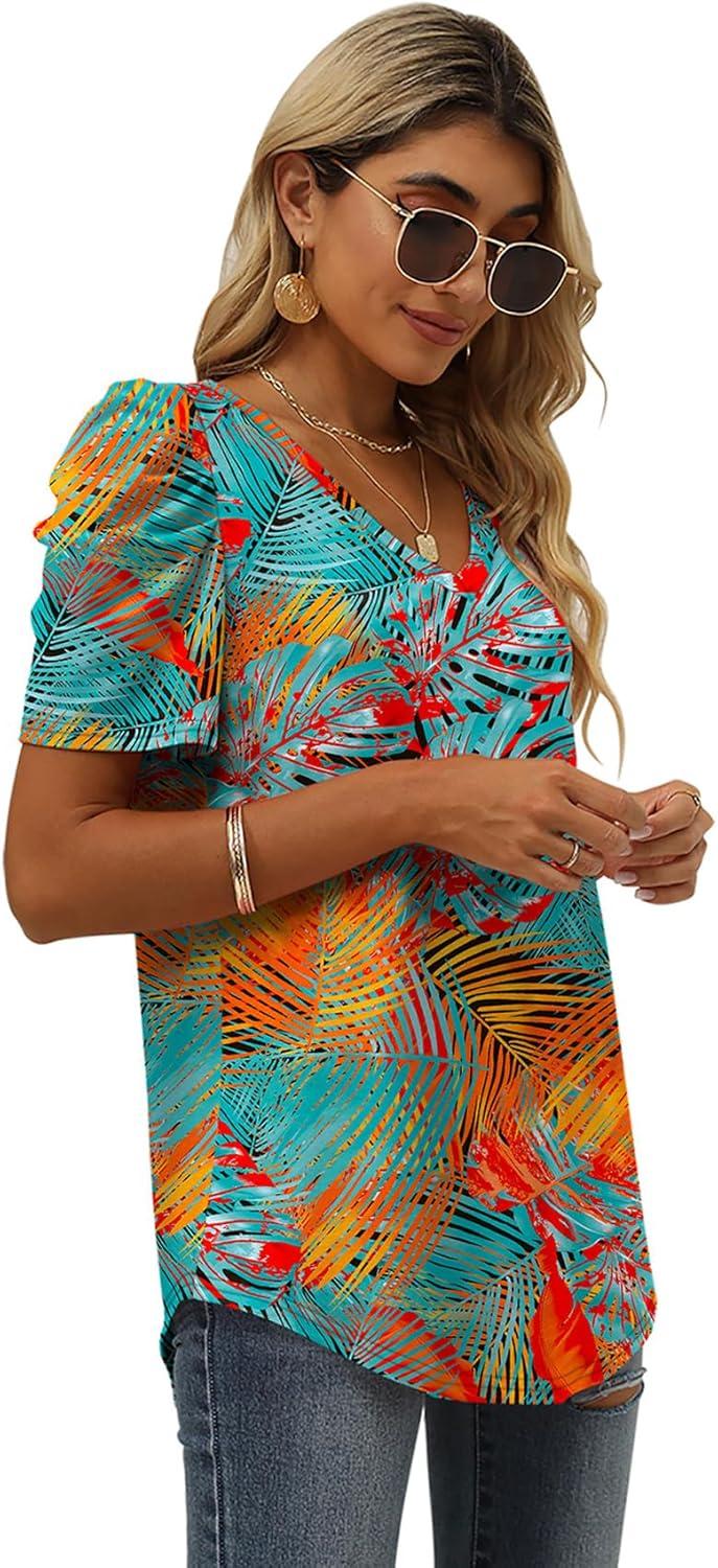 imageXIEERDUO Womens Summer Shirt V Neck Casual Tshirts Puff Sleeve Tops for Women Solid Color XS3XL18hawaii