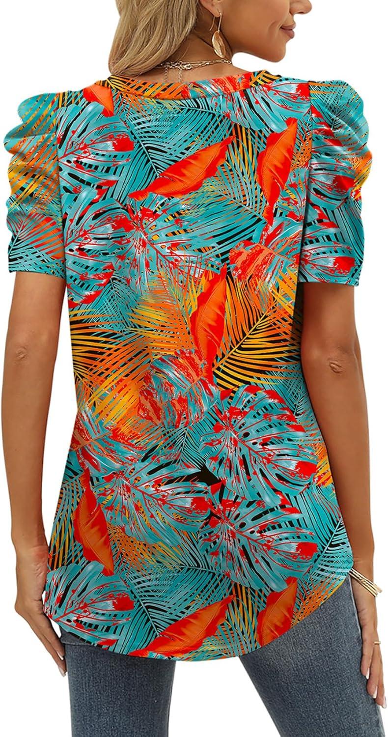 imageXIEERDUO Womens Summer Shirt V Neck Casual Tshirts Puff Sleeve Tops for Women Solid Color XS3XL18hawaii