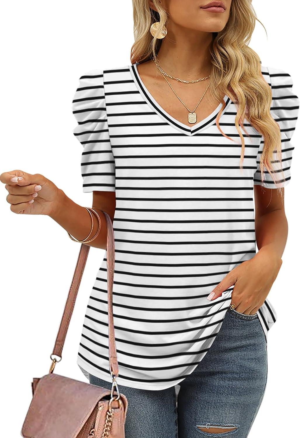 imageXIEERDUO Womens Summer Shirt V Neck Casual Tshirts Puff Sleeve Tops for Women Solid Color XS3XL18white Stripe