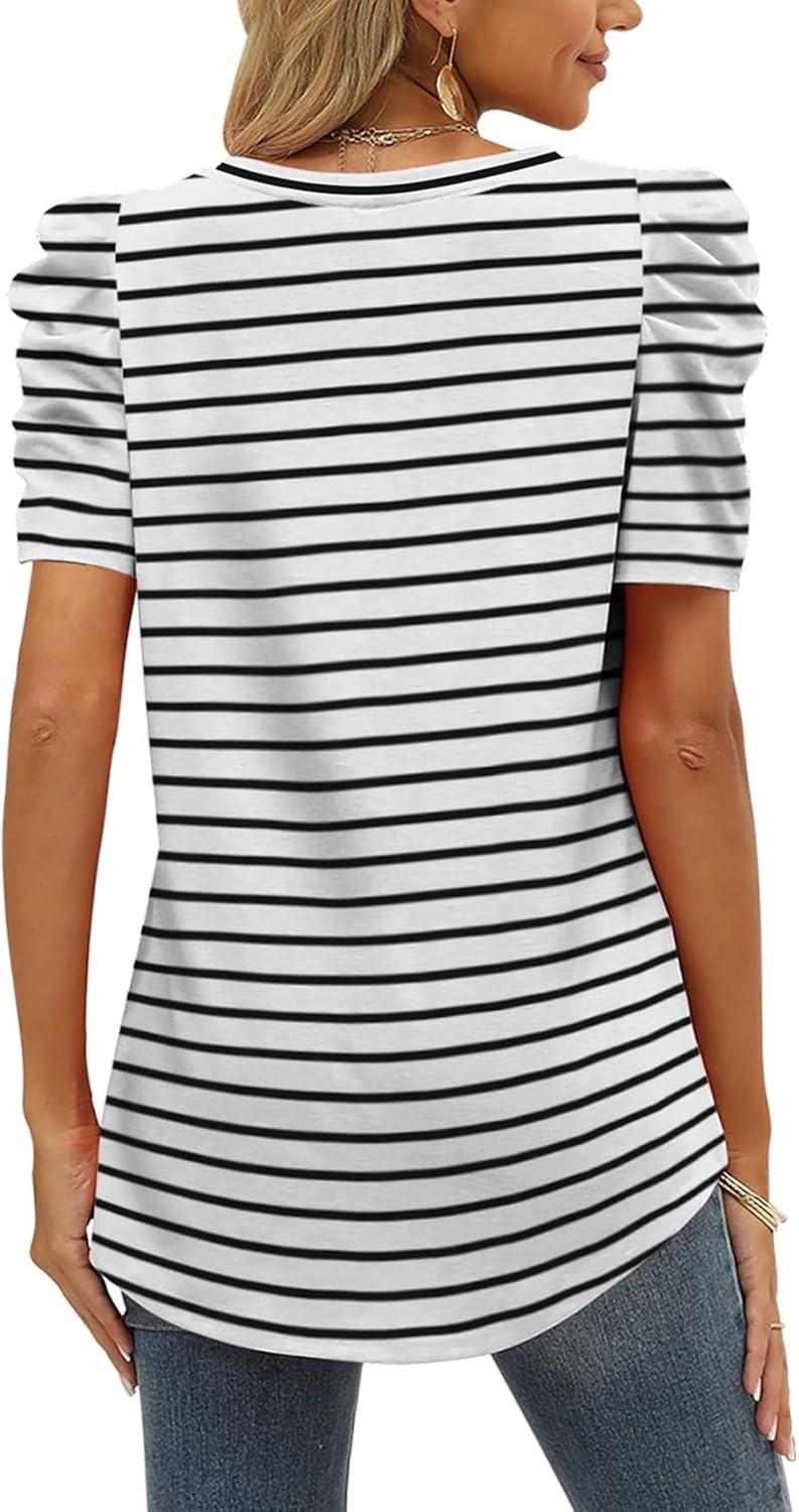 imageXIEERDUO Womens Summer Shirt V Neck Casual Tshirts Puff Sleeve Tops for Women Solid Color XS3XL18white Stripe