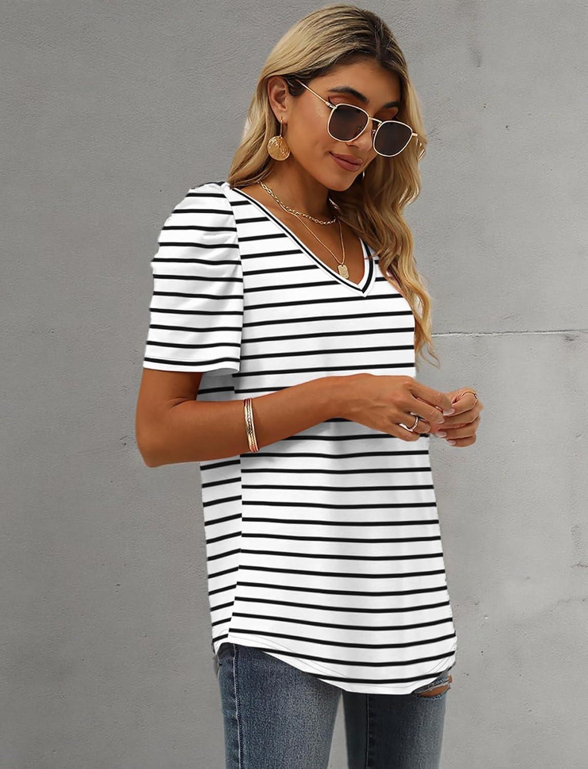 imageXIEERDUO Womens Summer Shirt V Neck Casual Tshirts Puff Sleeve Tops for Women Solid Color XS3XL18white Stripe