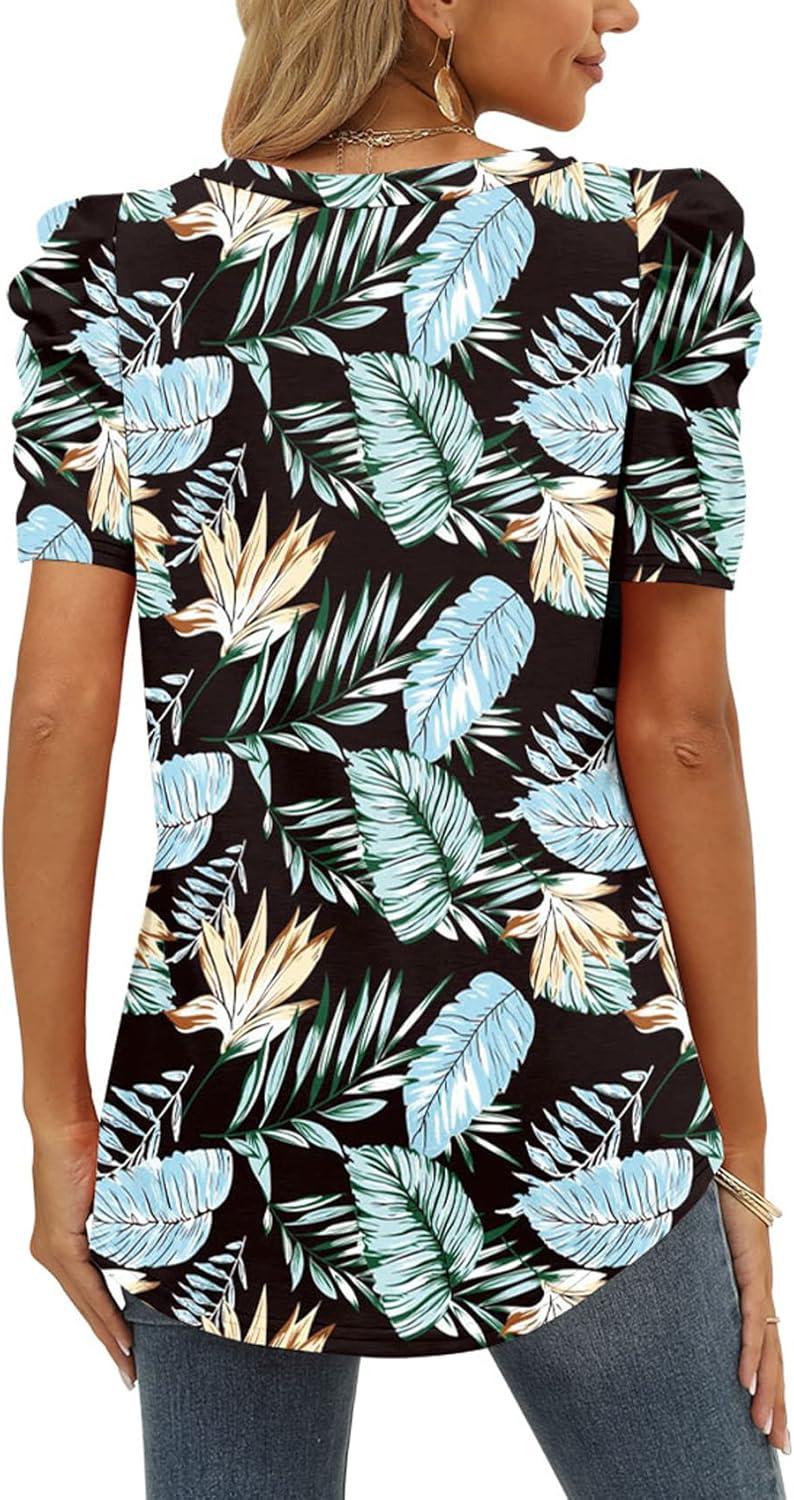 imageXIEERDUO Womens Summer Shirt V Neck Casual Tshirts Puff Sleeve Tops for Women Solid Color XS3XL19black Leaves