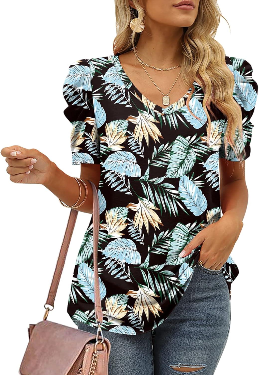 imageXIEERDUO Womens Summer Shirt V Neck Casual Tshirts Puff Sleeve Tops for Women Solid Color XS3XL19black Leaves