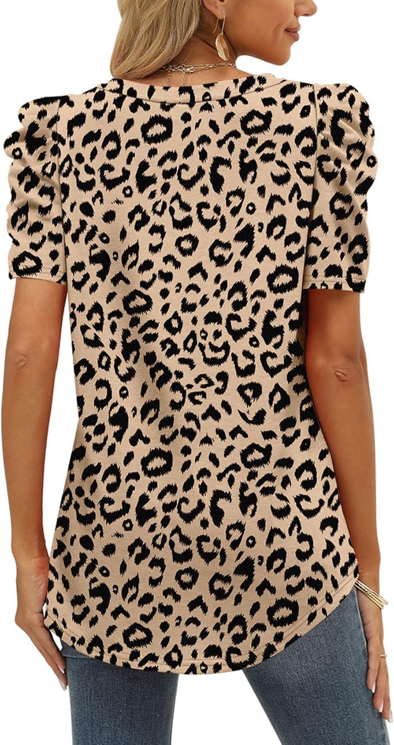 imageXIEERDUO Womens Summer Shirt V Neck Casual Tshirts Puff Sleeve Tops for Women Solid Color XS3XL20leopard