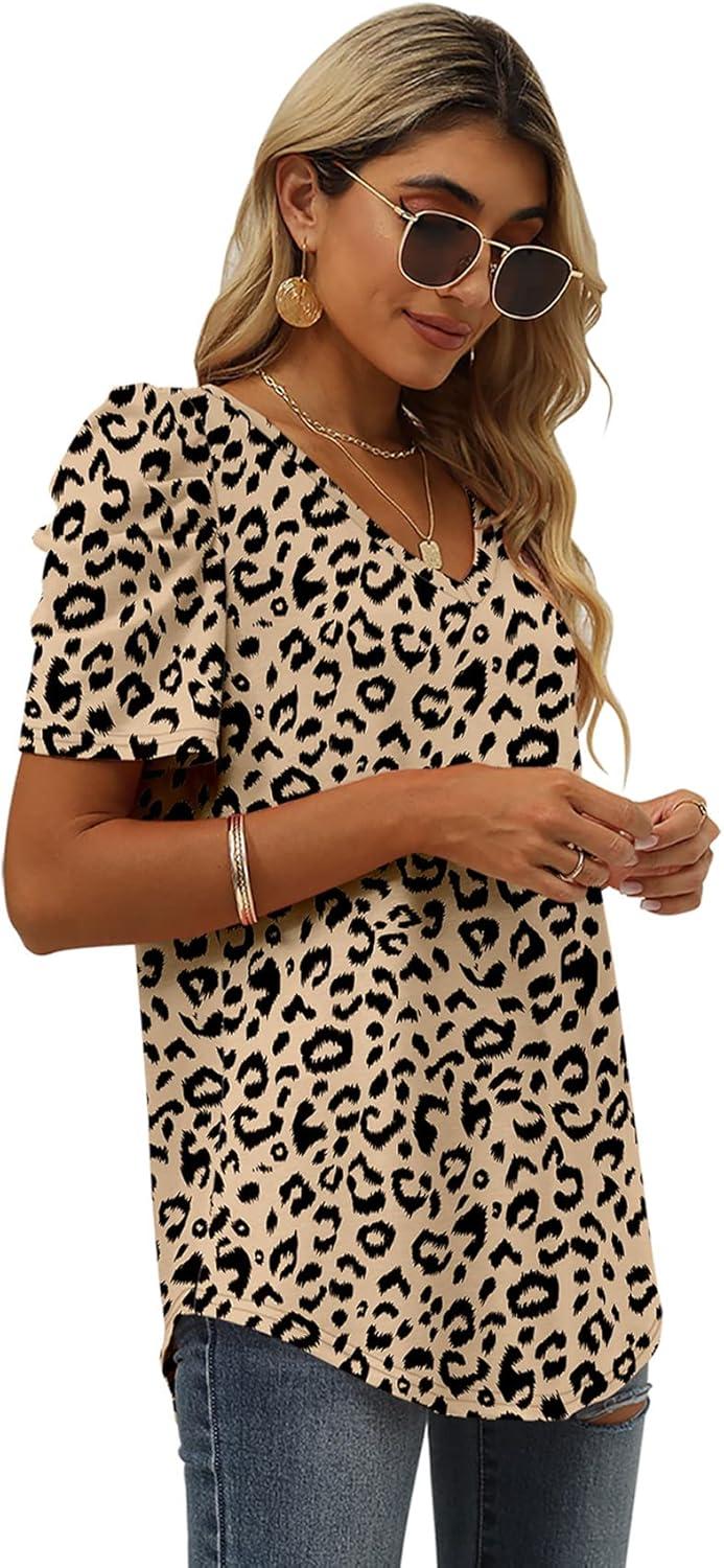 imageXIEERDUO Womens Summer Shirt V Neck Casual Tshirts Puff Sleeve Tops for Women Solid Color XS3XL20leopard