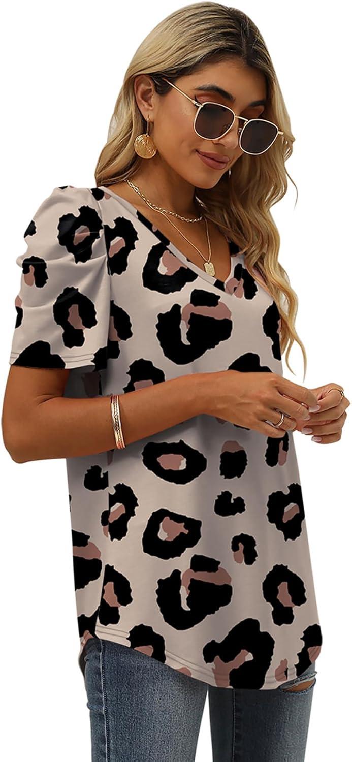imageXIEERDUO Womens Summer Shirt V Neck Casual Tshirts Puff Sleeve Tops for Women Solid Color XS3XL21beige Leopard