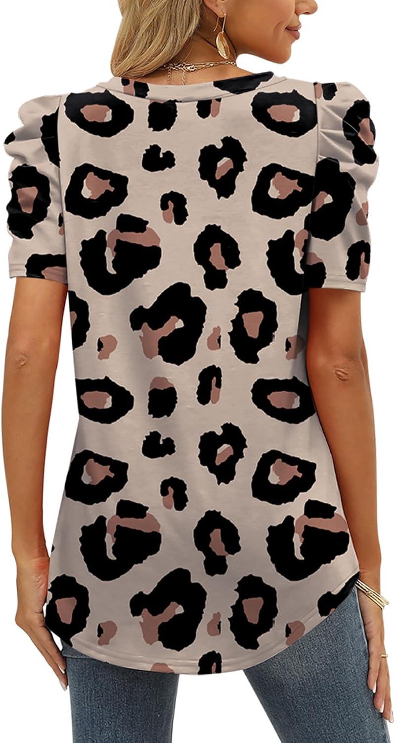 imageXIEERDUO Womens Summer Shirt V Neck Casual Tshirts Puff Sleeve Tops for Women Solid Color XS3XL21beige Leopard