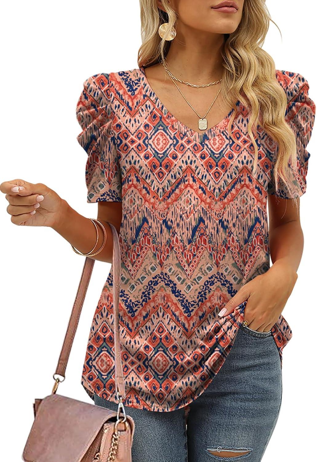 imageXIEERDUO Womens Summer Shirt V Neck Casual Tshirts Puff Sleeve Tops for Women Solid Color XS3XL21bohemia