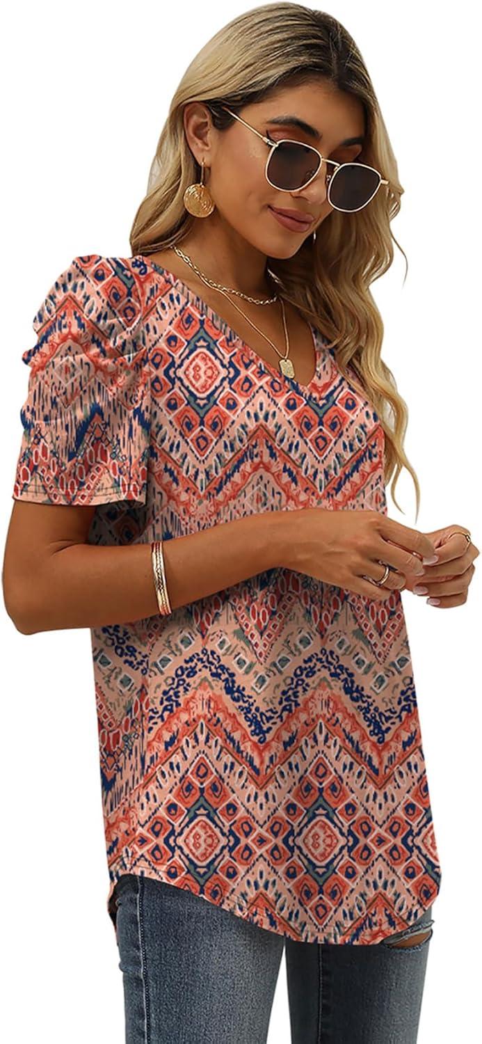 imageXIEERDUO Womens Summer Shirt V Neck Casual Tshirts Puff Sleeve Tops for Women Solid Color XS3XL21bohemia
