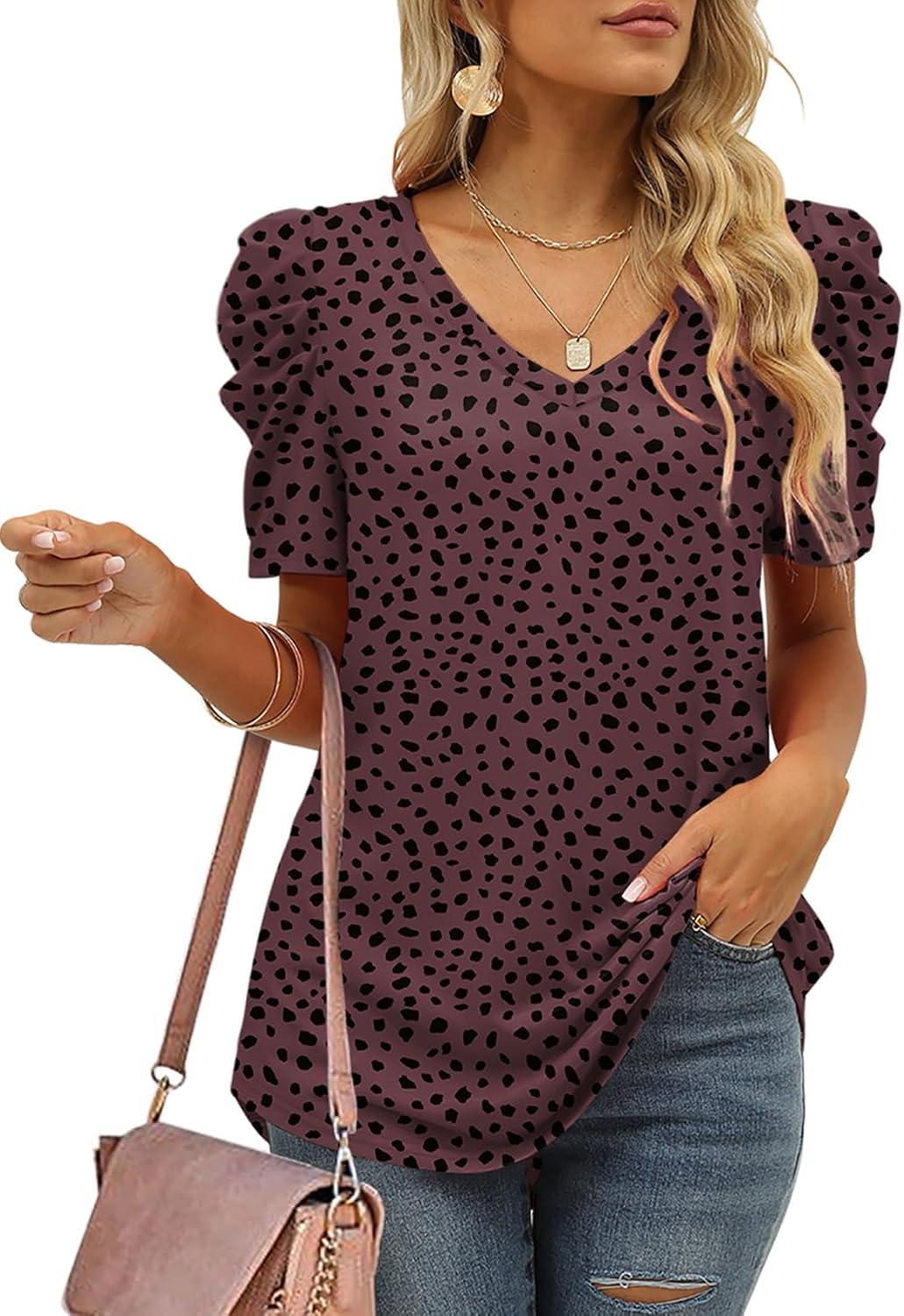 imageXIEERDUO Womens Summer Shirt V Neck Casual Tshirts Puff Sleeve Tops for Women Solid Color XS3XL21burgundy Leopard
