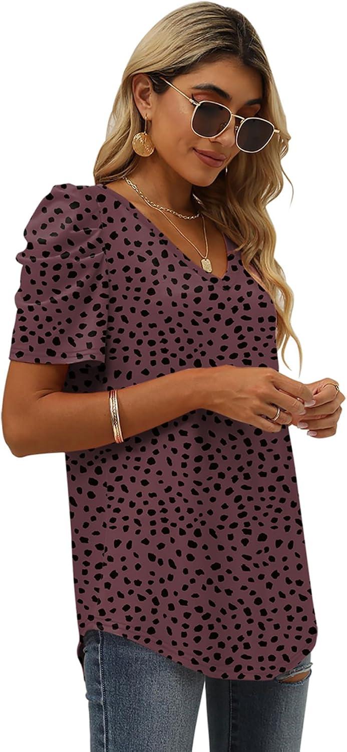 imageXIEERDUO Womens Summer Shirt V Neck Casual Tshirts Puff Sleeve Tops for Women Solid Color XS3XL21burgundy Leopard