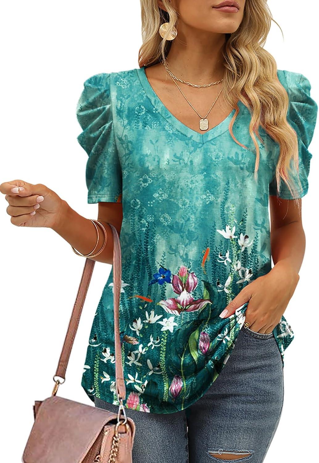 imageXIEERDUO Womens Summer Shirt V Neck Casual Tshirts Puff Sleeve Tops for Women Solid Color XS3XL22floral Green